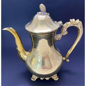 Vintage Brass Teapot, Etched Flower , Footed, 9"